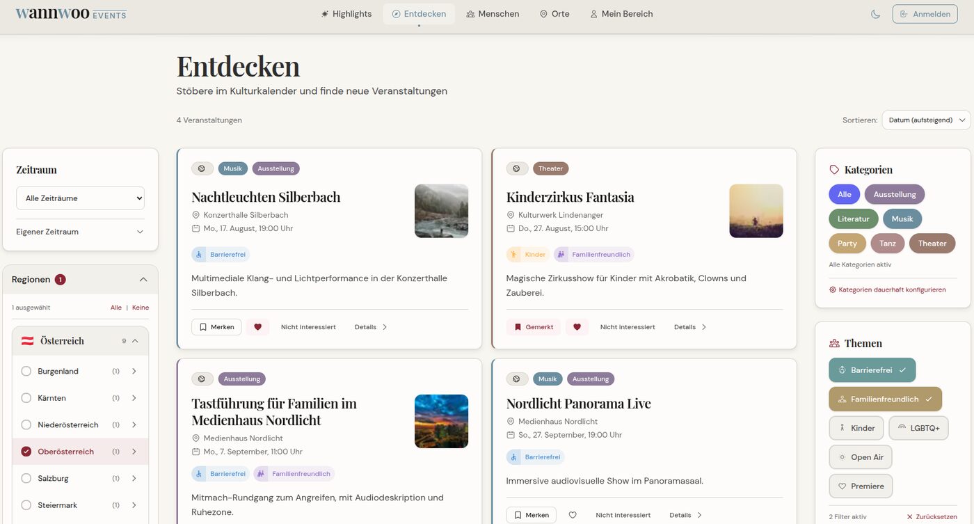 Ansicht des Kulturkalenders: vier Veranstaltungen als Karten, links Filter für Zeitraum und Region, rechts Filter für Kategorien und Themen.